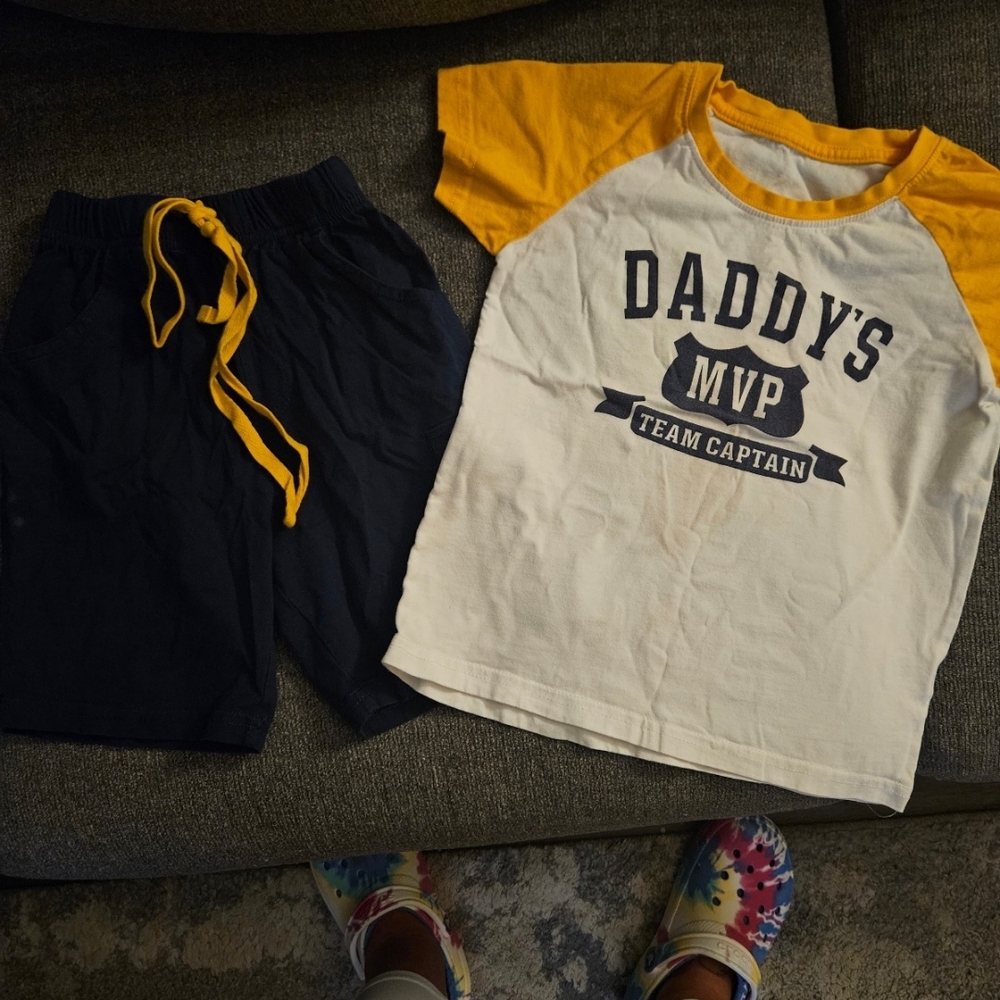 Amazon Kids Matching Set Daddy's MVP White and Yellow Raglan with Navy Shorts